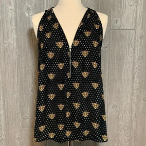 Aqua Black Zip Front Top Tank Blouse S